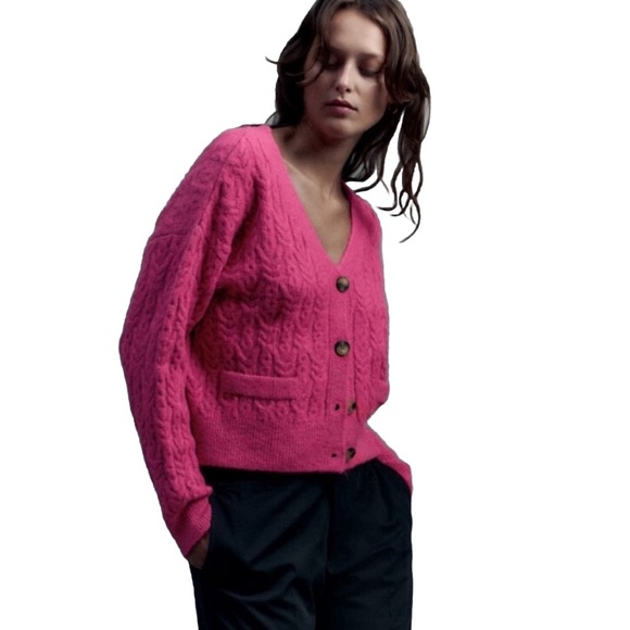 Zara cable Knit Cardigan Hot Pink Fuchsia sweater size medium. - Picture 14 of 14